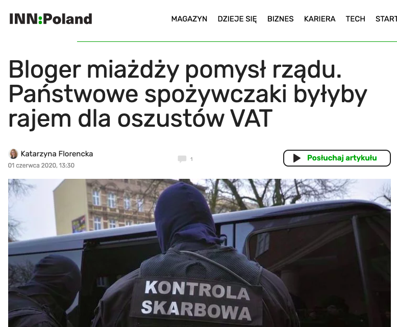 Komentarz dotyczący pomysłu powstania narodowej sieci sklepów spożywczych oraz zagrożeń, jakie niesie za sobą ten pomysł na gruncie wyłudzeń podatku VAT.